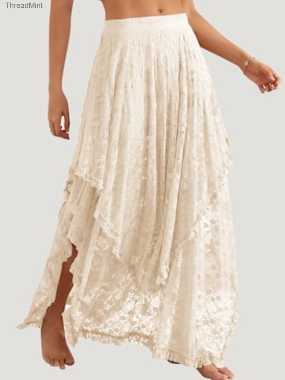 Lace Asymmetrical Layered Hem See-Through Flowy Maxi Skirt - Picture 3 of 6
